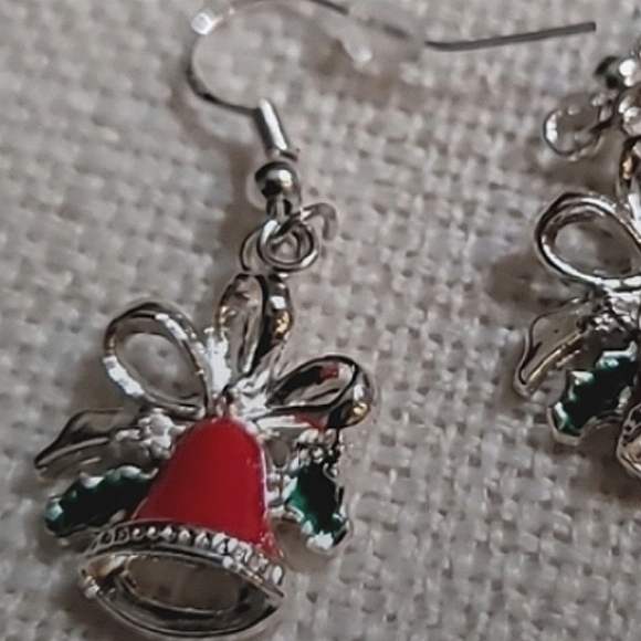 Christmas Bell Holiday Earrings  Red Green Enamel on Silver Ear Wires. NEW - Picture 2 of 7